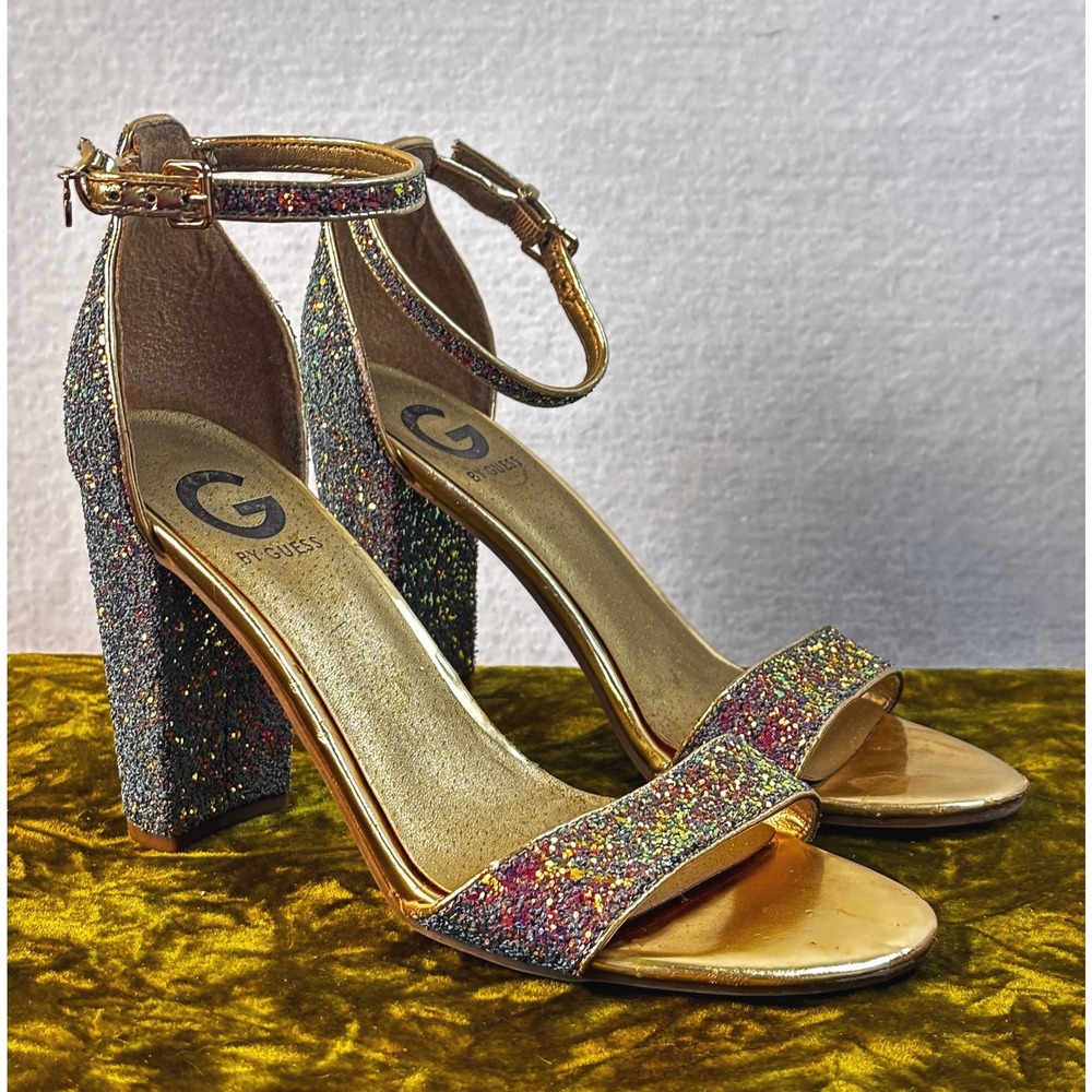 G by GUESS Bedazzled Gold Multi Glitter Block Heel Ankle Strap Sandals Size 8M